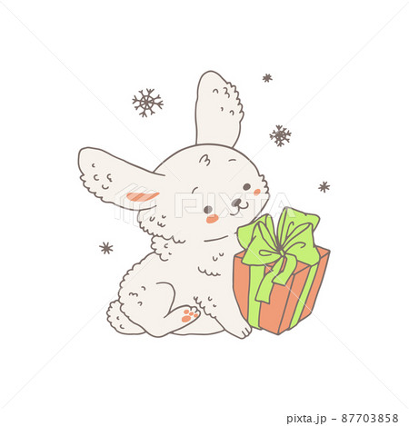 White cute rabbit or bunny with gift box doodle...-插圖素材