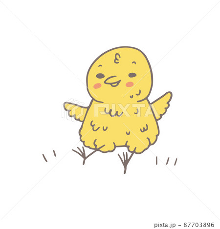 Cute yellow chick sits on grass, hand drawn doodle vector illustration isolated on white background. Cute yellow chick sits on grass, hand drawn doodle vector illustration isolated on white background. 87703896