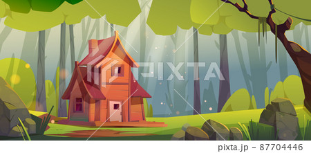 Wooden house in summer forest. Old shack, cottage Wooden house in summer forest. Old shack, cottage 87704446