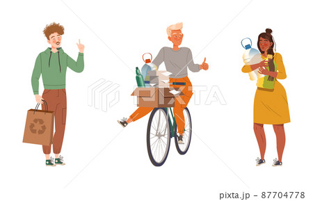 Ecology and environment concept. People protecting and taking care of nature using eco-friendly transport and products vector illustration 87704778