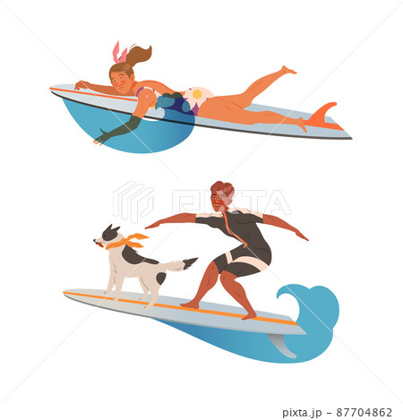 People in swimwear riding ocean or sea waves on surf boards set cartoon vector illustration 87704862