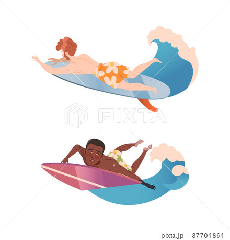 People in swimwear riding waves set. Guys riding ocean or sea waves on surf board cartoon vector illustration 87704864