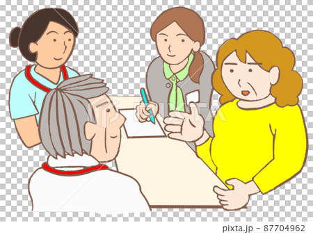 Discharge support conference Illustration of a woman with bipolar disorder, a psychiatrist, a nurse, and a mental health worker 87704962