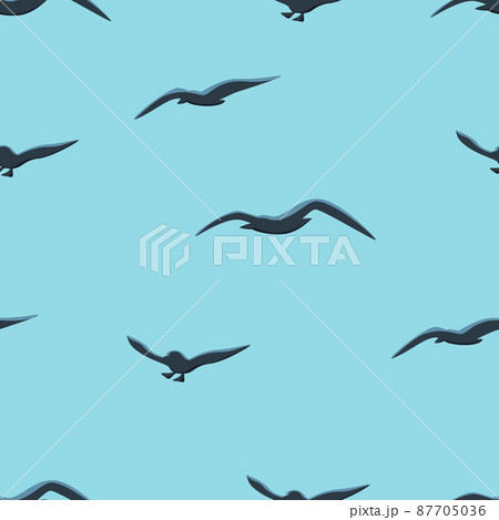 Seagulls seamless pattern. Dark gulls flying on light blue background. Marine vector endless pattern 87705036