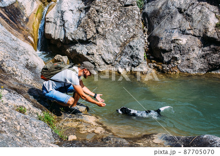 Male owner of spaniel dog walking against mountains and waterfall background. Male owner of spaniel dog walking against mountains and waterfall background. 87705070