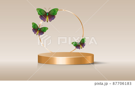 3d empty stage with gold round arch decorated with colorful butterflies, vector isolated on beige background. Showcase with blank podium and floral arrangement, commercial product display mockup 3d empty stage with gold round arch decorated with colorful butterflies, vector isolated on beige background. Showcase with blank podium and floral arrangement, commercial product display mockup 87706183
