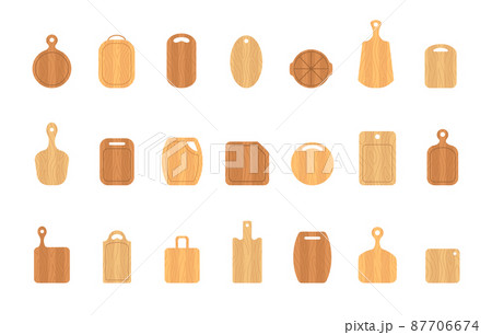Set of wooden cutting boards. Kitchen tools of various shapes. Top view. Vector illustration in flat cartoon style 87706674