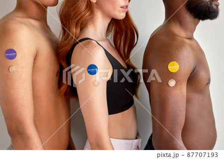 close-up arms of people with vaccine after injection isolated on white studio background close-up arms of people with vaccine after injection isolated on white studio background 87707193