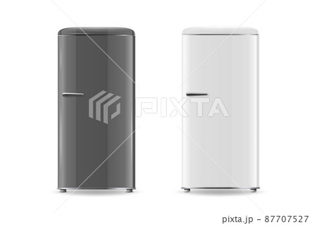 Vector 3d Realistic Retro Vintage Black and White Fridge Icon Set Isolated. Vertical Refrigerators. Closed Fridges. Design Template, Mockup of Fridge. Front View 87707527