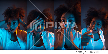 Collage with portraits of young emotional dark skinned woman isoaletd on dark background in neon. Concept of human emotions, facial expression, sales. Collage with portraits of young emotional dark skinned woman isoaletd on dark background in neon. Concept of human emotions, facial expression, sales. 87708009