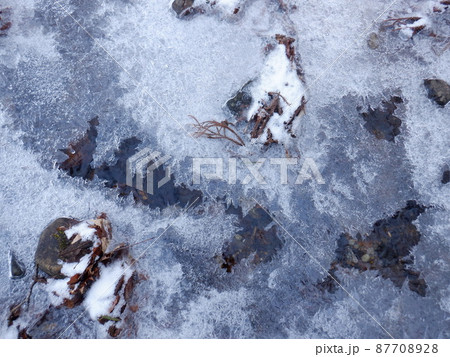 里山の景色 冬、薄氷の張った水辺 仙台市青葉山 里山の景色 冬、薄氷の張った水辺 仙台市青葉山 87708928