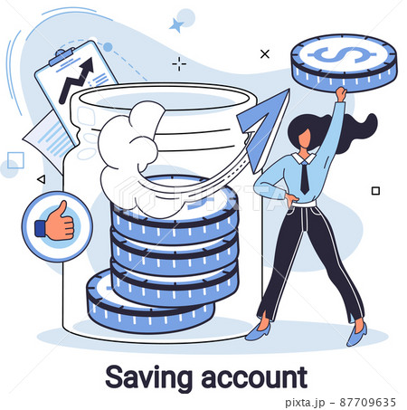 Saving account. Woman putting coin into jar piggy bank, accumulation of funds, wealth online banking Saving account. Woman putting coin into jar piggy bank, accumulation of funds, wealth online banking 87709635