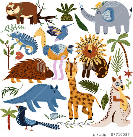 Set of jungle animals and exotic tropical leaves. African animals, parrots, hummingbirds, giraffes, sloths, elephants, kangaroos, ostriches and palm trees. Cute Animals safari. Vector illustration Set of jungle animals and exotic tropical leaves. African animals, parrots, hummingbirds, giraffes, sloths, elephants, kangaroos, ostriches and palm trees. Cute Animals safari. Vector illustration 87710087