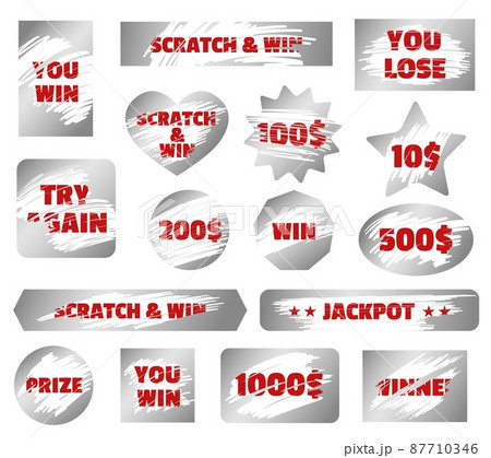 Silver scratchcard, scratch and win game, instant lottery tickets. Jackpot winner scratching cards, gambling ticket elements vector set Silver scratchcard, scratch and win game, instant lottery tickets. Jackpot winner scratching cards, gambling ticket elements vector set 87710346