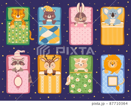 Cute baby animals sleeping in bed, sleepy animal characters. Cartoon bear, cat, bunny, tiger lying under cozy blanket and pillow vector set 87710364