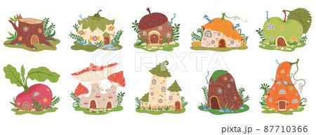 Cartoon garden gnome houses, cute fairytale dwarfs house. Fantasy forest elves buildings in shape of mushroom, pumpkin, apple vector set 87710366