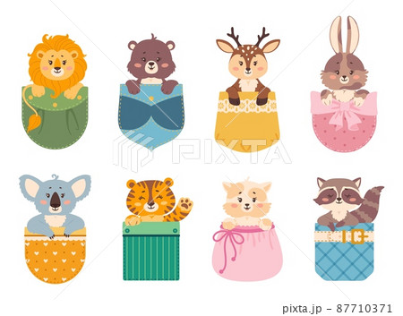 Cartoon animals in pockets, lion, tiger, rabbit, cat sitting inside pocket. Cute baby animal characters peeking out patch pocket vector set 87710371