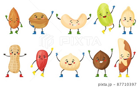 Cartoon nut and seed characters with cute smiling faces. Almond, coconut, walnut, peanut character, funny nuts and seeds mascot vector set Cartoon nut and seed characters with cute smiling faces. Almond, coconut, walnut, peanut character, funny nuts and seeds mascot vector set 87710397