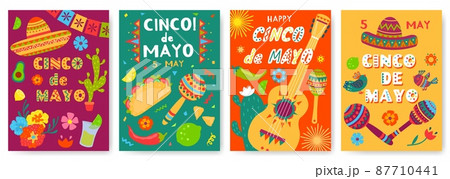 Cinco de mayo festival posters, mexican holiday celebration flyer. Mexico fiesta party invitations with sombrero, guitar, maracas vector set 87710441