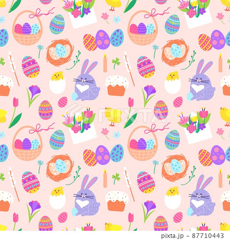 Easter doodles seamless pattern with bunny, painted egg and flowers. Cute chicks, eggs in basket, blossoms, spring holiday vector texture 87710443