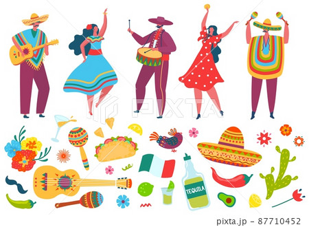 Cinco de mayo fiesta elements, mexican people in traditional clothes. Mexico festival celebration, mariachi band, sombrero, guitar vector set 87710452