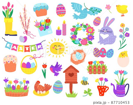 Cute easter elements, hand drawn spring season doodles. Painted eggs in basket, bunny, flowers, birds, springtime holiday doodle vector set 87710453