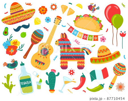 Mexican doodle elements, cinco de mayo festival decorations. Mexico holiday symbols and food, tequila, pinata, sombrero, guitar vector set 87710454