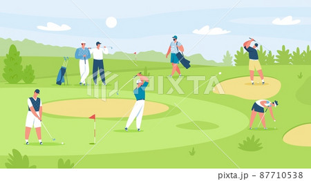 People playing golf on course, professional golfers with clubs. Men and women golfer characters on field, golf competition vector illustration 87710538
