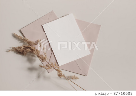 Boho wedding, birthday stationery composition. Blank greeting card, invitation mockup, blush pink, nude envelopes. Dry grass, festuca plant ins sunlight on beige table background. Fall flat lay, top 87710605