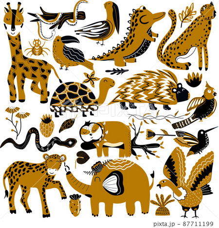 Collection of jungle animals.Turtle, leopard, giraffe, parrots, hummingbird, crocodile, hyena, sloth, elephant, snake. Cute animals. Vector illustration 87711199