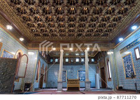 Public mosque of Manial Palace of Prince Mohammed Ali Tewfik with wooden golden ornate ceilings, Cairo, Egypt Public mosque of Manial Palace of Prince Mohammed Ali Tewfik with wooden golden ornate ceilings, Cairo, Egypt 87711270