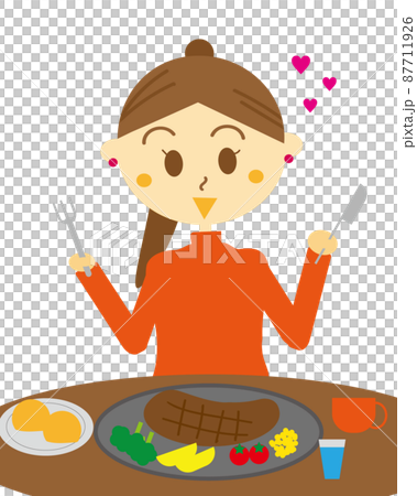 An illustration of a woman who feels happy eating a steak that she loves as a reward. Restaurant / meal 87711926