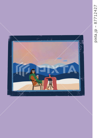 View through the window on the mountain landscape and woman sitting by the table and enjoying nature View through the window on the mountain landscape and woman sitting by the table and enjoying nature 87712427