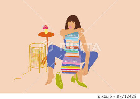 Woman sitting relaxed with a pile of books at home Woman sitting relaxed with a pile of books at home 87712428