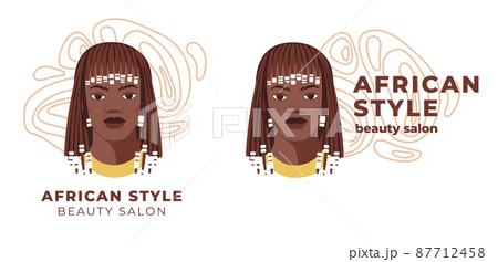 Beauty salon logo and identity. Flat vector illustration of black women face. Great for avatars, beauty salons, traditional curly hairstyles of African American women. Beauty salon logo and identity. Flat vector illustration of black women face. Great for avatars, beauty salons, traditional curly hairstyles of African American women. 87712458