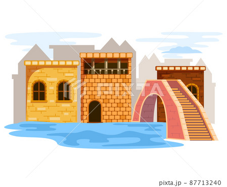 Urban medieval landscape. Stone fortress near bridge over river. Castle on water with towers 87713240