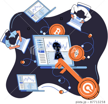 Cryptocurrency marketplace design with men crypto traders work with laptop data protection concept Cryptocurrency marketplace design with men crypto traders work with laptop data protection concept 87713258