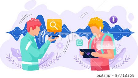 Voice assistant. Smart speaker virtual assistant, sound robot, people using voice controlled smart speaker Voice assistant. Smart speaker virtual assistant, sound robot, people using voice controlled smart speaker 87713259