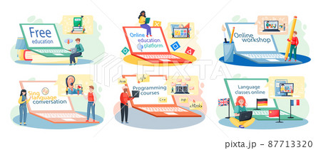 Online education concept. Home schooling. Man student working on laptop with learning platform 87713320