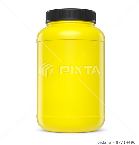Yellow plastic jar for sport nutrition whey protein and gainer powder isolated on white background. 3d rendering of sport supplement for crossfit, trx and powerlifting workout Yellow plastic jar for sport nutrition whey protein and gainer powder isolated on white background. 3d rendering of sport supplement for crossfit, trx and powerlifting workout 87714496