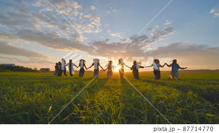 Eleven cheerful girls run to the meeting across the field in the summer, holding hands. Eleven cheerful girls run to the meeting across the field in the summer, holding hands. 87714770