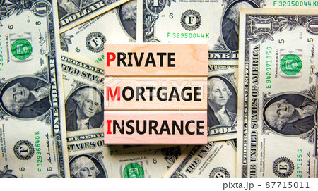 PMI private mortgage insurance symbol. Concept words PMI private mortgage insurance on blocks on a beautiful background from dollar bills. Business PMI private mortgage insurance concept. Copy space. 87715011