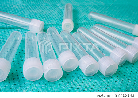 Plastic test tubes with caps for the collection of samples. Sampling tubes for laboratory examination. 87715143