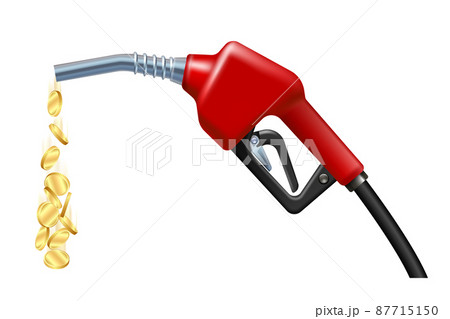 Stream of gold coins pours from the Fuel handle pump nozzle with hose. 87715150
