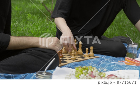 Two young guys playing chess in nature in the summer. LGBT 87715671