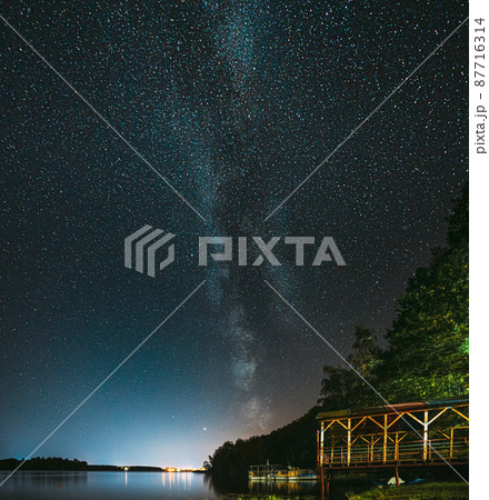 Night Stars Above Lake. Milky Way Galaxy And Natural Starry Sky Background Backdrop Landscape 87716314