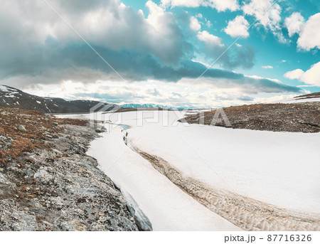 Aurlandsfjellet, Norway. Summer Norwegian Landscape Near Aurlandsfjellet Road. Scenic Route Road In Summer Evening. Popular Destination 87716326