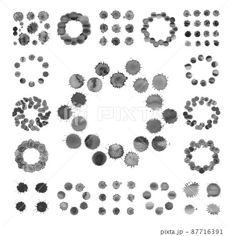 Watercolor circle with black splashes. Watercolor circle stain background. 87716391