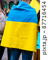 Young man wrapped in the Ukrainian flag in a protest against Russia invasion 87716454