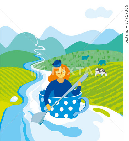 a sailor girl sails in a cup on a milk river among the fields 87717306